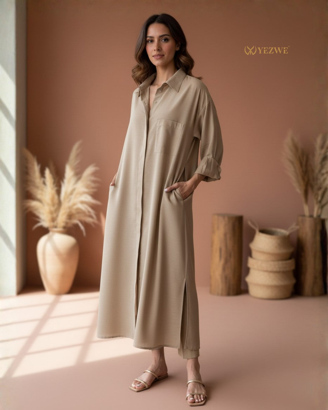 Elegant YEZWE Linen Cotton Modest co-ord set in neutral beige, featuring a relaxed fit with pockets