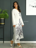 YEZWE white Long Tunic Co-Ord Set with black botanical print and matching white pants