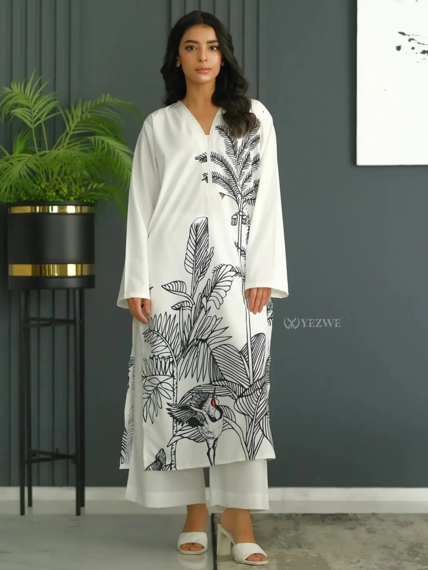 YEZWE Long Tunic Co-Ord Set white with black botanical print and matching white pants