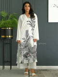 YEZWE Long Tunic Co-Ord Set white with black botanical print and matching white pants