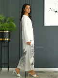 YEZWE Long Tunic Co-Ord Set featuring a white tunic with black floral print and matching white pants