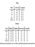 Size chart for YEZWE Long Tunic Co-Ord Set showing chest and length for tops, hips, thighs, bottom, and length for pants in inches