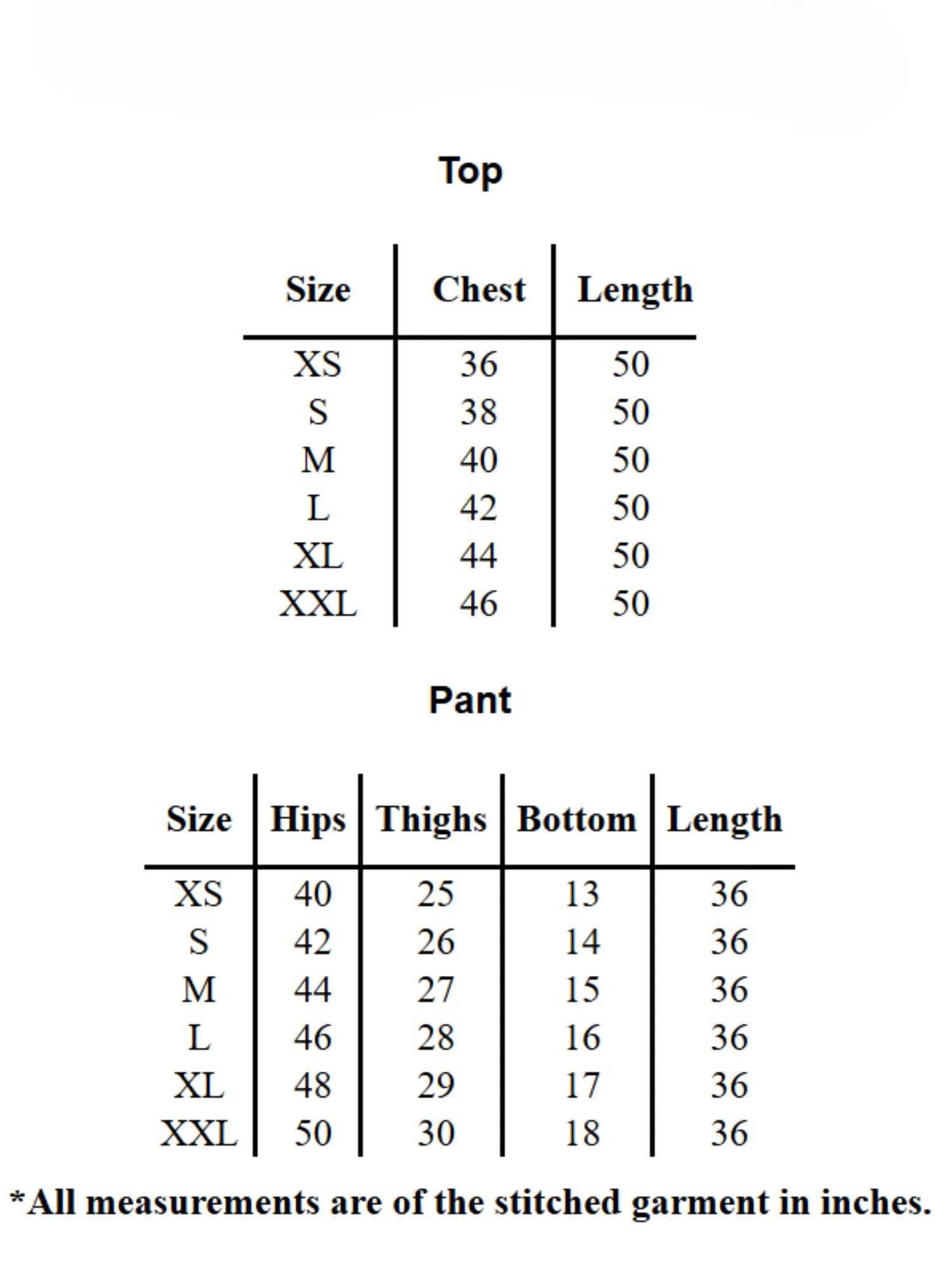 Size chart for YEZWE long tunic with pant co-ord set showing measurements for chest, length, hips, thighs, bottom, and pant length in inches