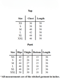 Size chart for YEZWE long tunic with pant co-ord set showing measurements for chest, length, hips, thighs, bottom, and pant length in inches