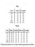 Size chart for YEZWE long tunic with pant co-ord set showing measurements for chest, length, hips, thighs, bottom, and pant length in inches