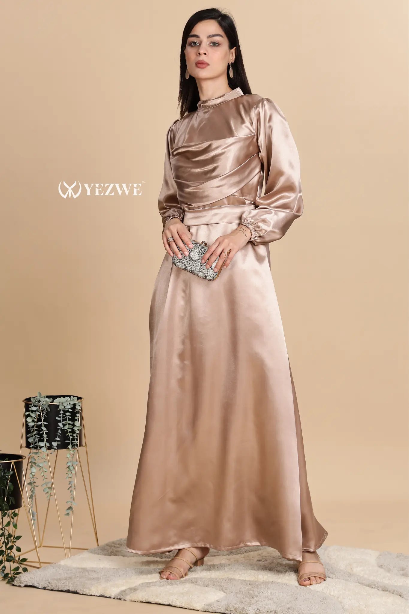 Yezwe Eid Luxe Hazelnut Satin Moss Belted Maxi Dress – Elegant Modest Evening Gown