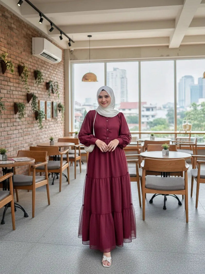 Maroon Nida Satin Top with Attached Net Overlay Satin Skirt | Modest Co-Ord Set showcased in a stylish café