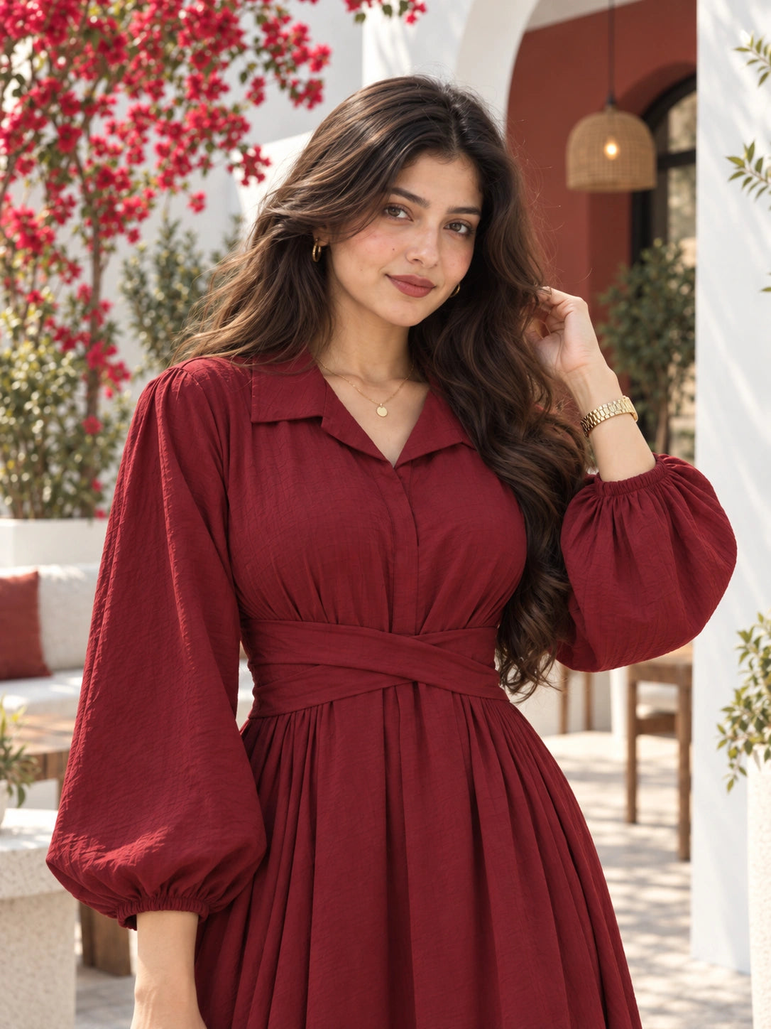 YEZWE Maroon Pleated Cross-Waist Maxi Dress for Women with Balloon Sleeves and Elegant Style