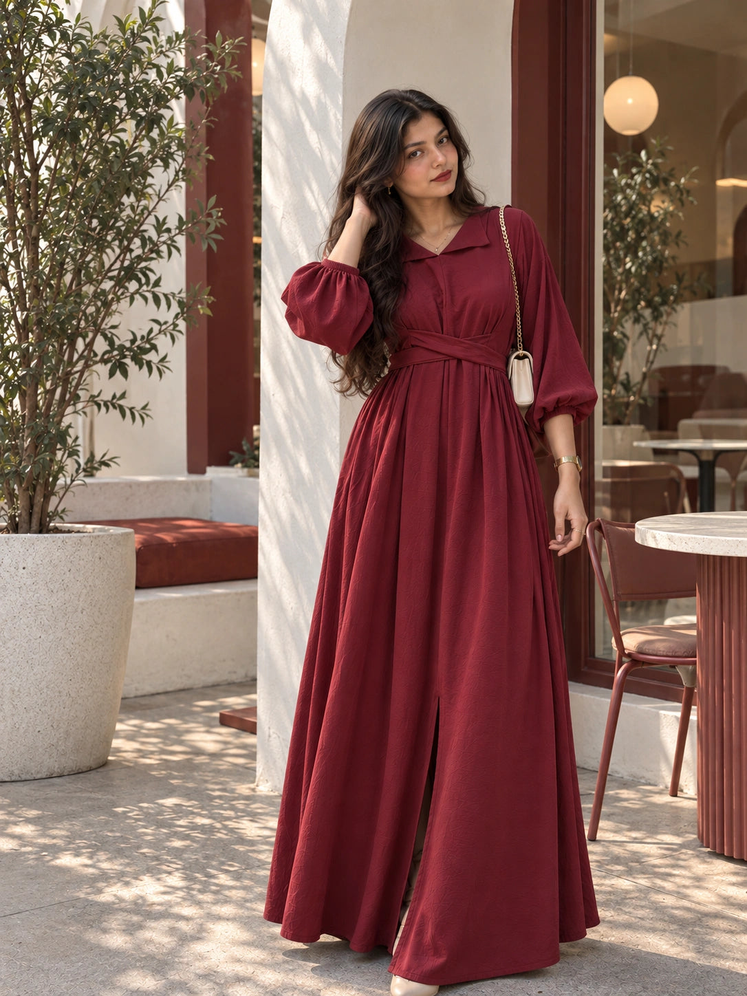 YEZWE Maroon Pleated Cross-Waist Maxi Dress for Women with Long Sleeves and Slit Detail