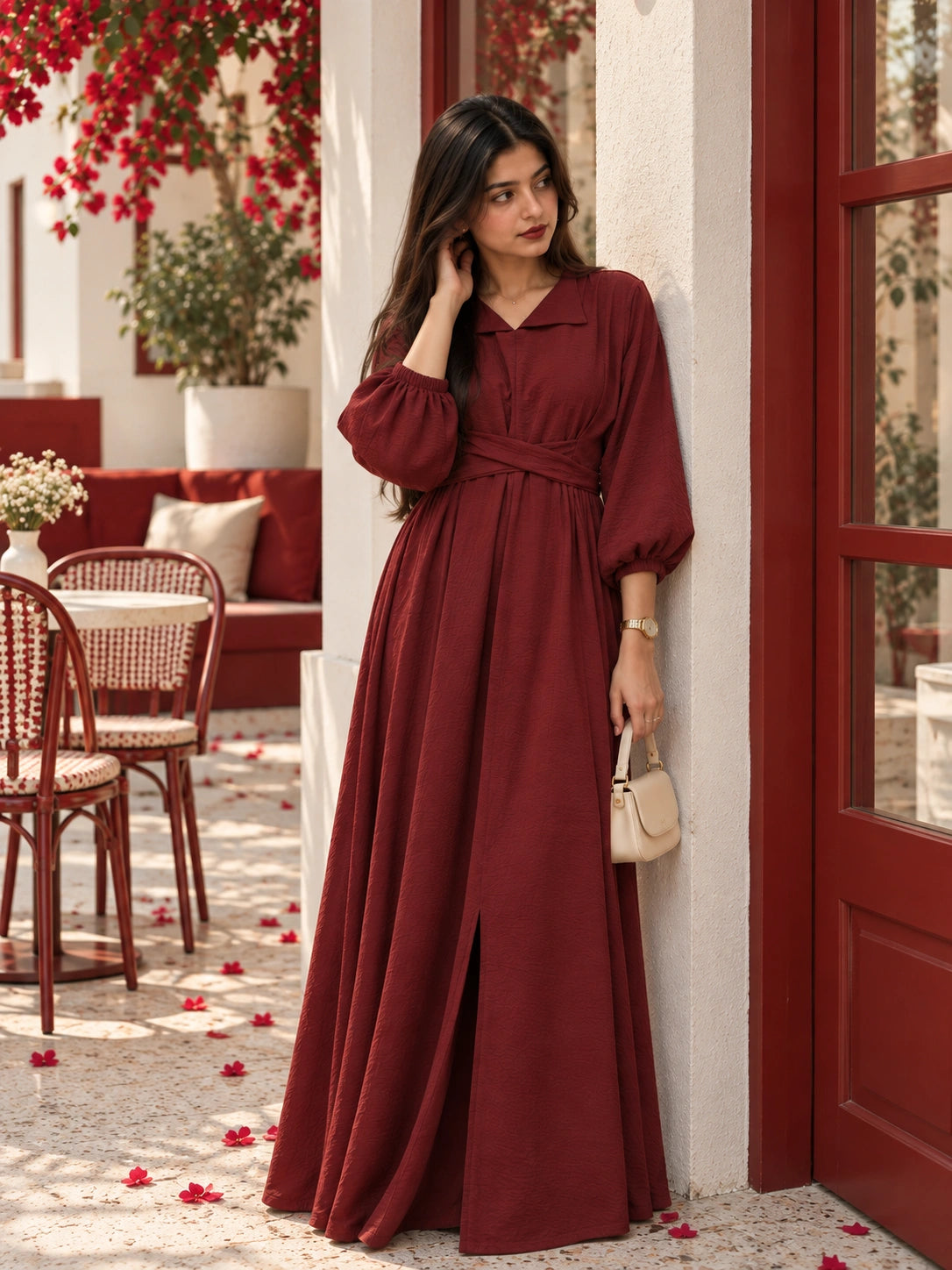 YEZWE Maroon Pleated Cross-Waist Maxi Dress for Women featuring a stylish slit and puff sleeves