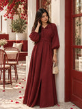 YEZWE Maroon Pleated Cross-Waist Maxi Dress for Women featuring a stylish slit and puff sleeves