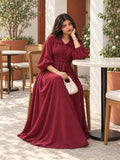 YEZWE Maroon Pleated Cross-Waist Maxi Dress for Women styled elegantly at a cafe