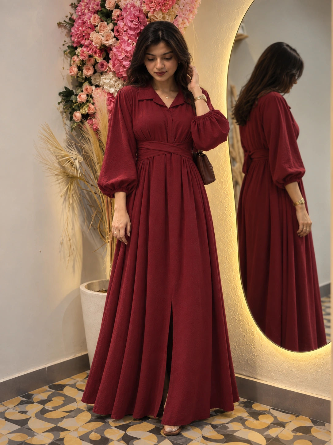 YEZWE Maroon Pleated Cross-Waist Maxi Dress for Women featuring a stylish design and elegant puff sleeves