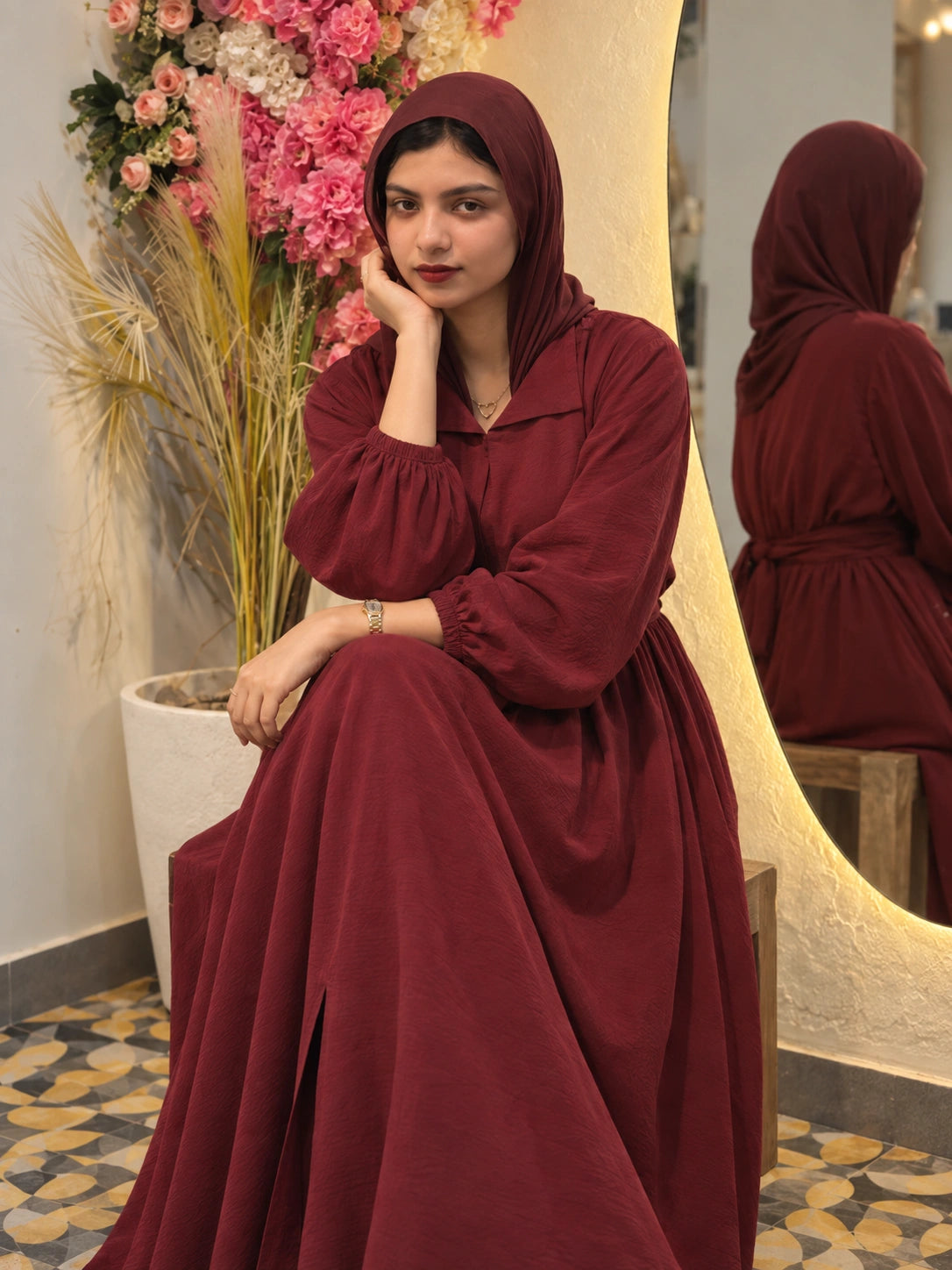 YEZWE Maroon Pleated Cross-Waist Maxi Dress for Women featuring long sleeves and stylish hood