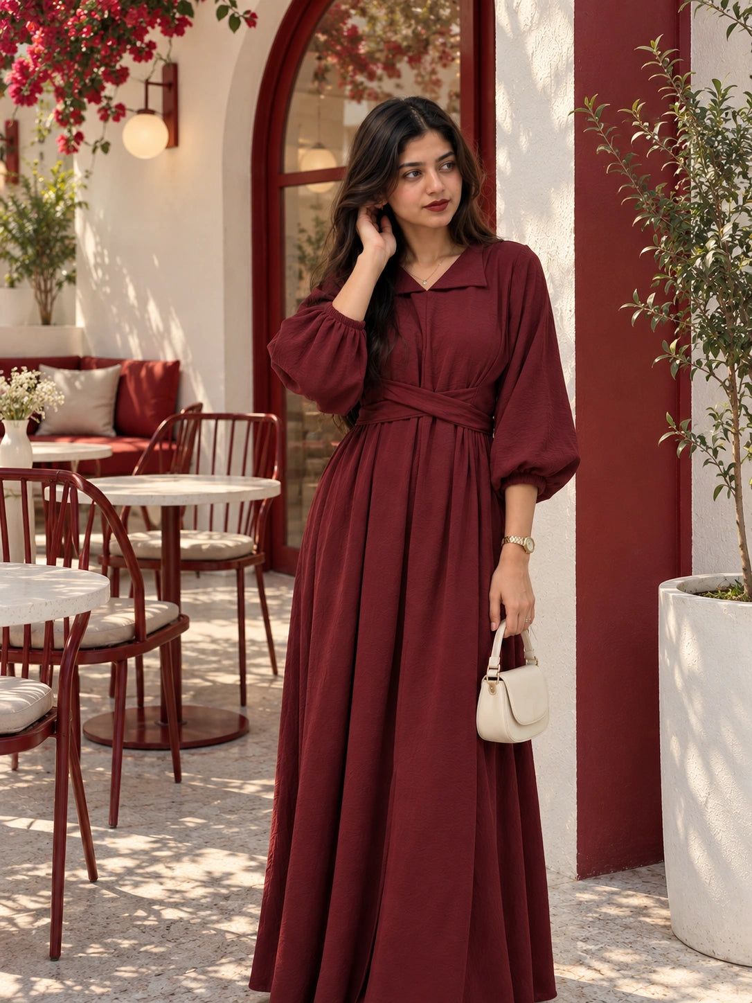 YEZWE Maroon Pleated Cross-Waist Maxi Dress for Women featuring a stylish design and elegant silhouette
