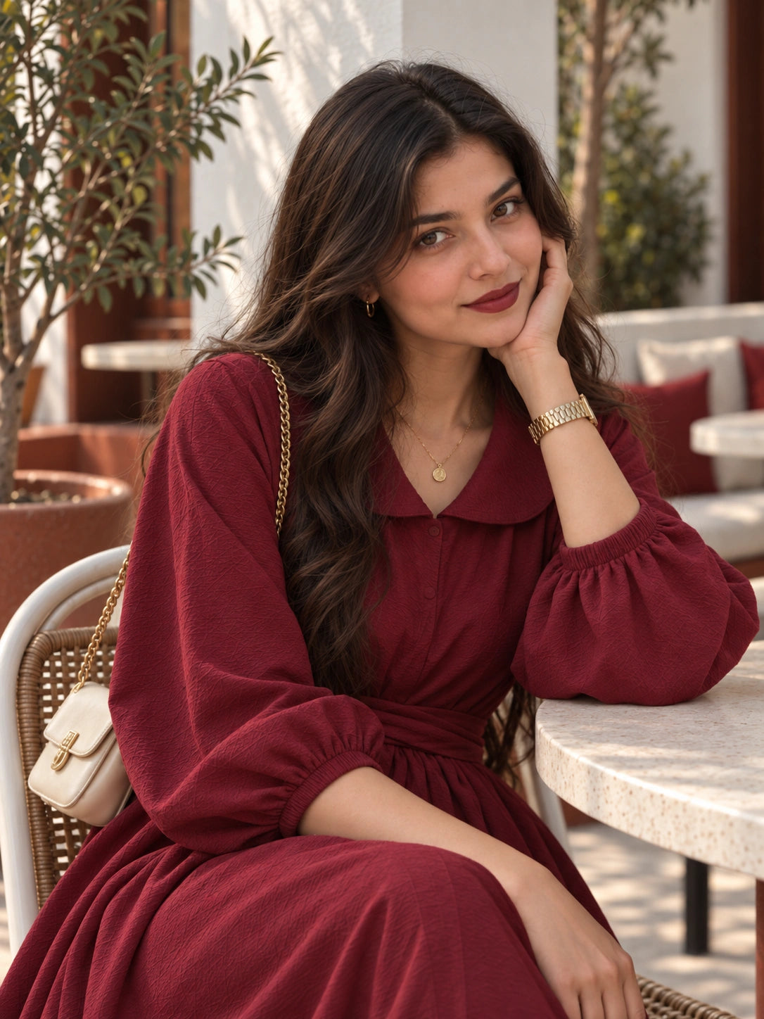 YEZWE Maroon Pleated Cross-Waist Maxi Dress for Women styled with a collar and puff sleeves