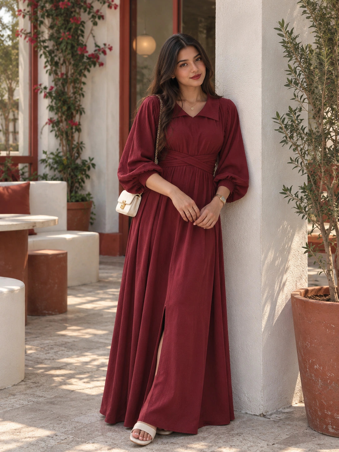 YEZWE Maroon Pleated Cross-Waist Maxi Dress for Women with Long Sleeves and Side Slit