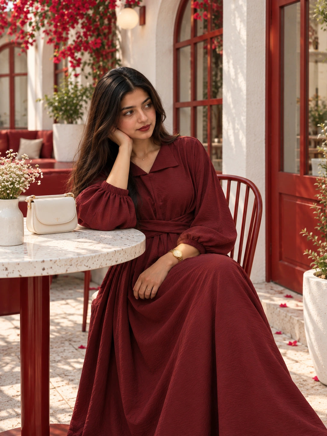 YEZWE Maroon Pleated Cross-Waist Maxi Dress for Women styled in a café setting