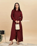 Yezwe maroon satin maxi dress featuring a collar and stylish belt for a chic look