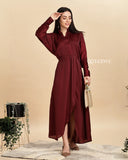 Maroon satin maxi dress by Yezwe with a button-up front and elegant silhouette