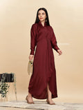 Yezwe Royale Maroon Satin Luxe Maxi Dress - Elegant Modest Wear with Front Slit