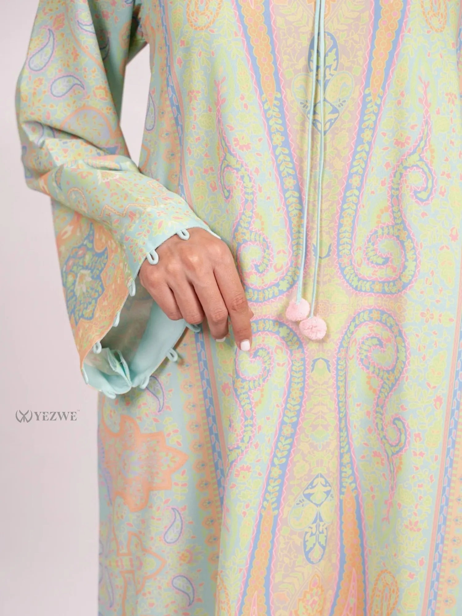 YEZWE pastel paisley Maxi Abaya Dress tunic with long sleeves scalloped cuffs and tassel tie detail