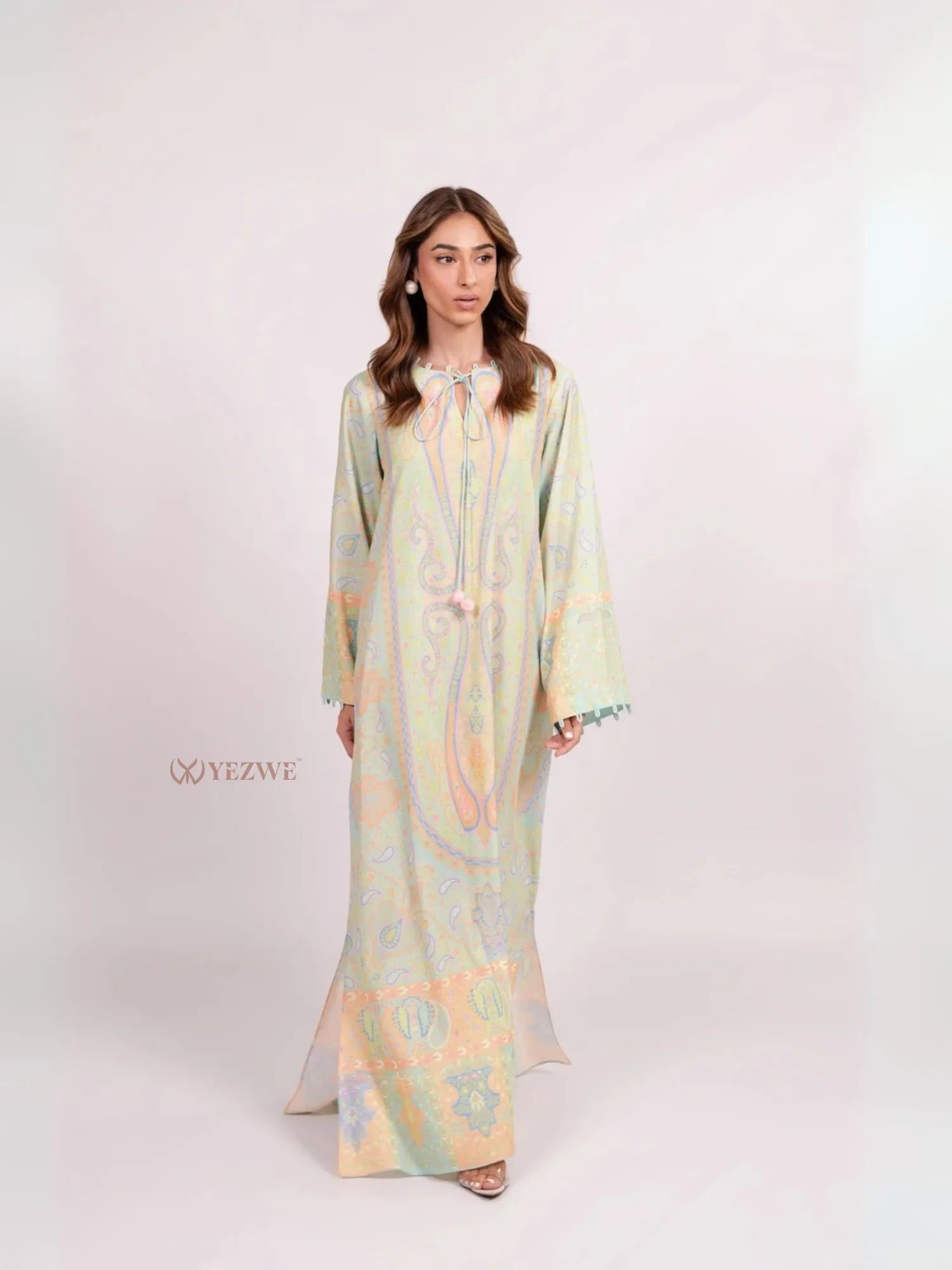 YEZWE Maxi Abaya Dress pastel paisley tunic with long sleeves tie neckline and floor length