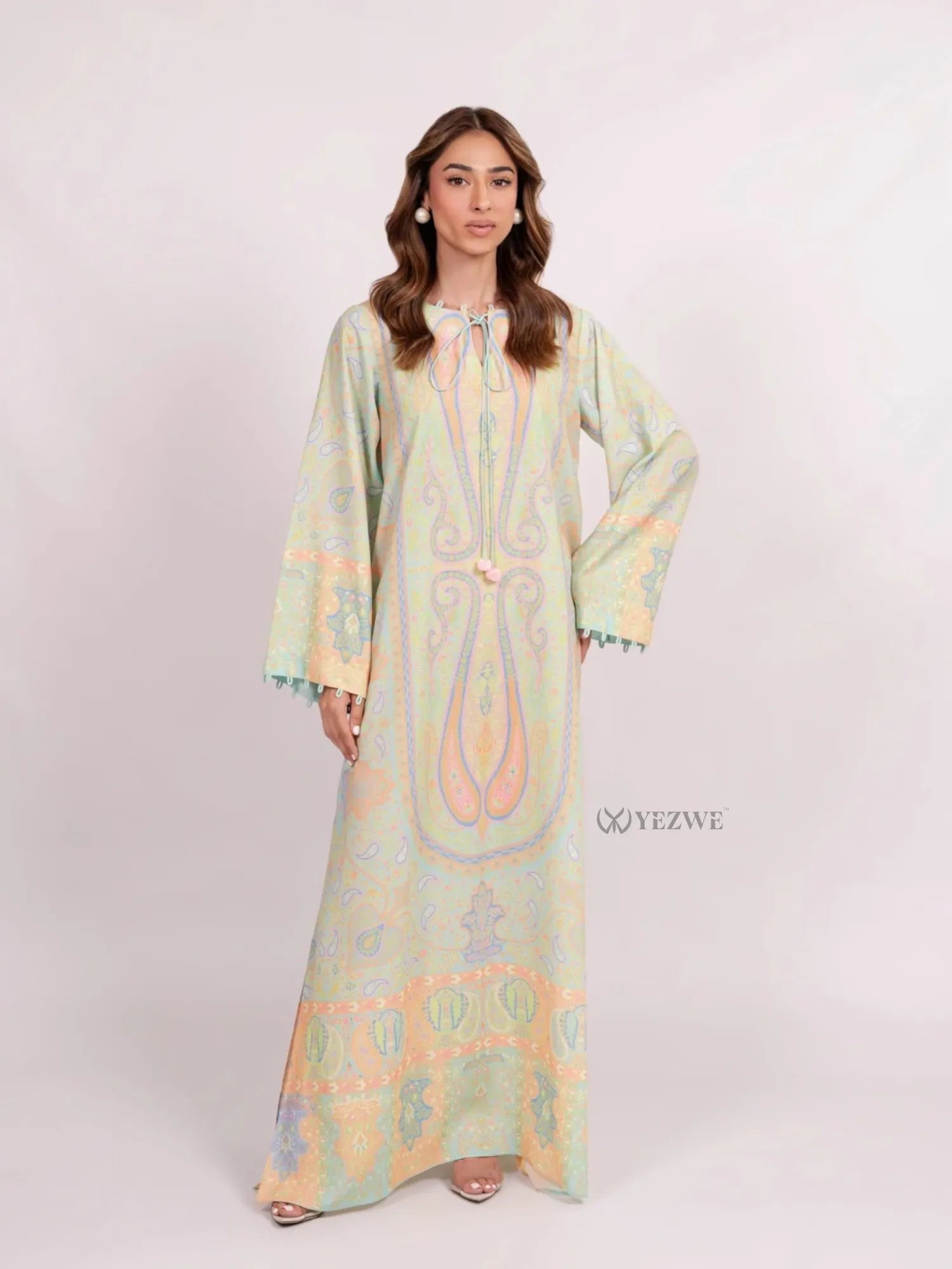 YEZWE pastel paisley Maxi Abaya Dress with tie neckline bell sleeves pompom trim and floor length