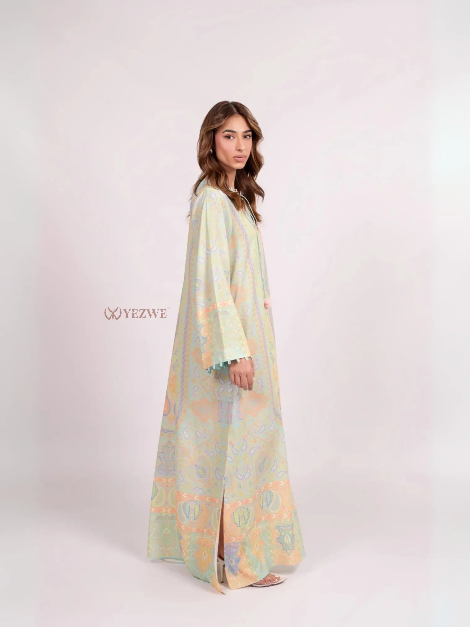 YEZWE Maxi Abaya Dress pastel printed floor length tunic with long sleeves and side slit