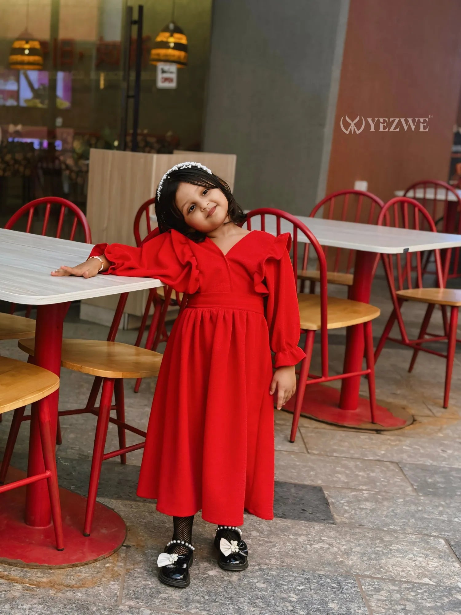 YEZWE red maxi dress for junior girls with long puff sleeves and a V-neck design