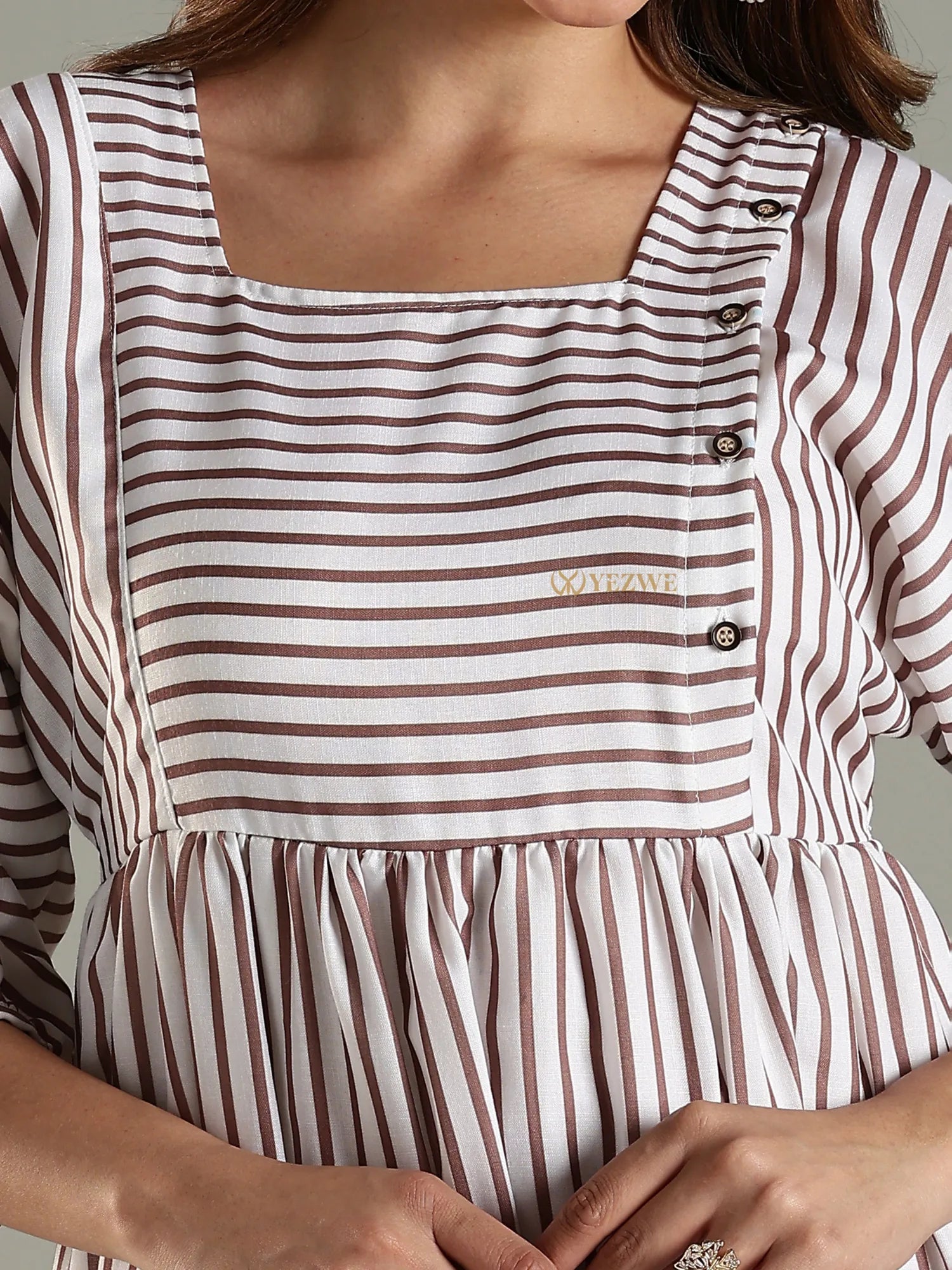 Yezwe striped maxi dress with square neckline and button details on chest