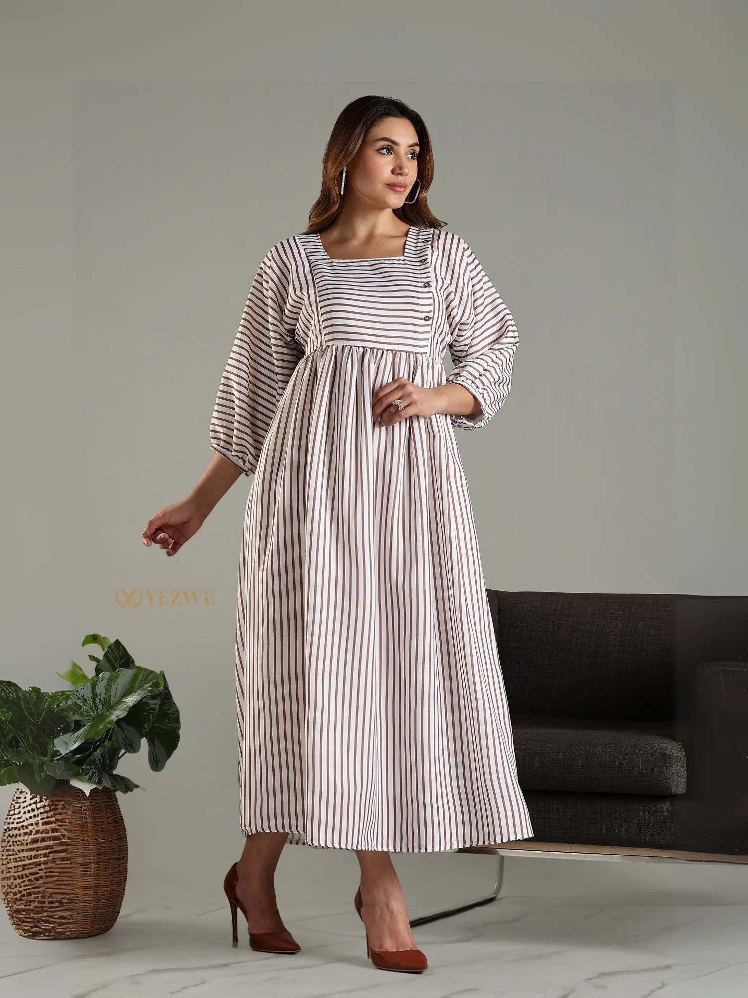 Yezwe striped long sleeved maxi dress with square neckline and gathered waist