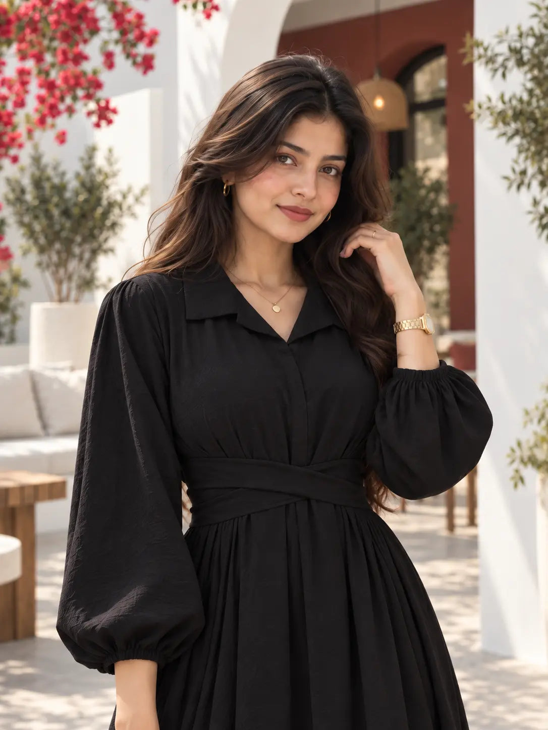 YEZWE Midnight Black CEY Pleated Cross-Waist Maxi Dress for Women with Stylish Puff Sleeves