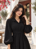 YEZWE Midnight Black CEY Pleated Cross-Waist Maxi Dress for Women with Stylish Puff Sleeves
