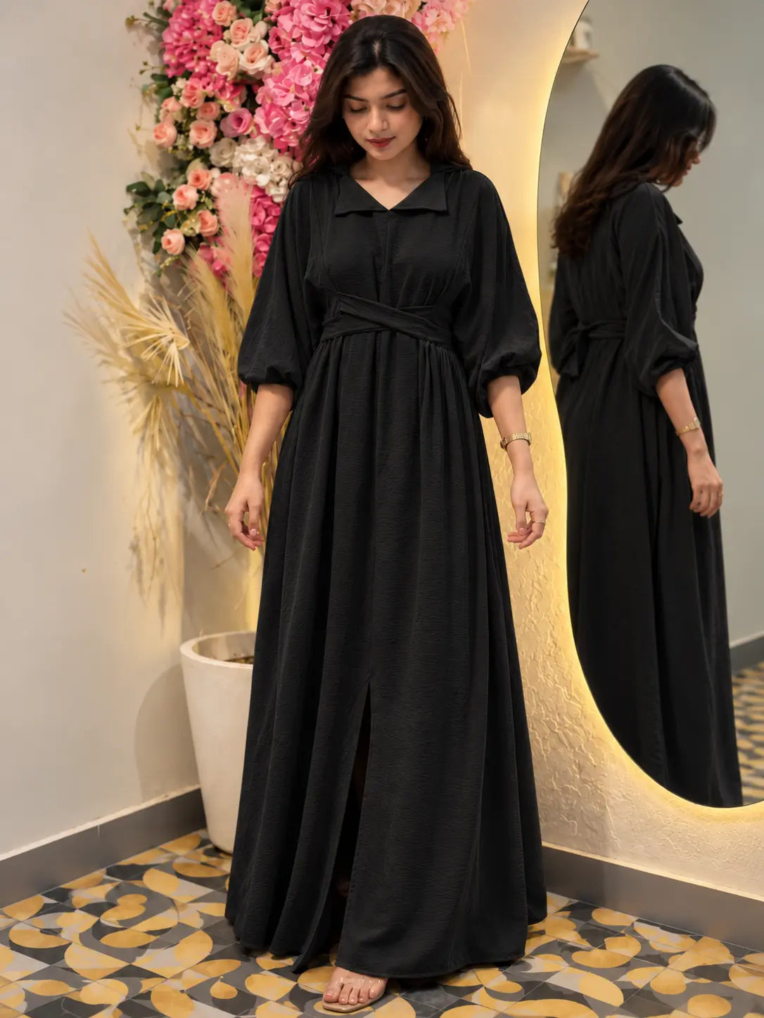 YEZWE Midnight Black CEY Pleated Cross-Waist Maxi Dress for Women with puff sleeves and a front slit