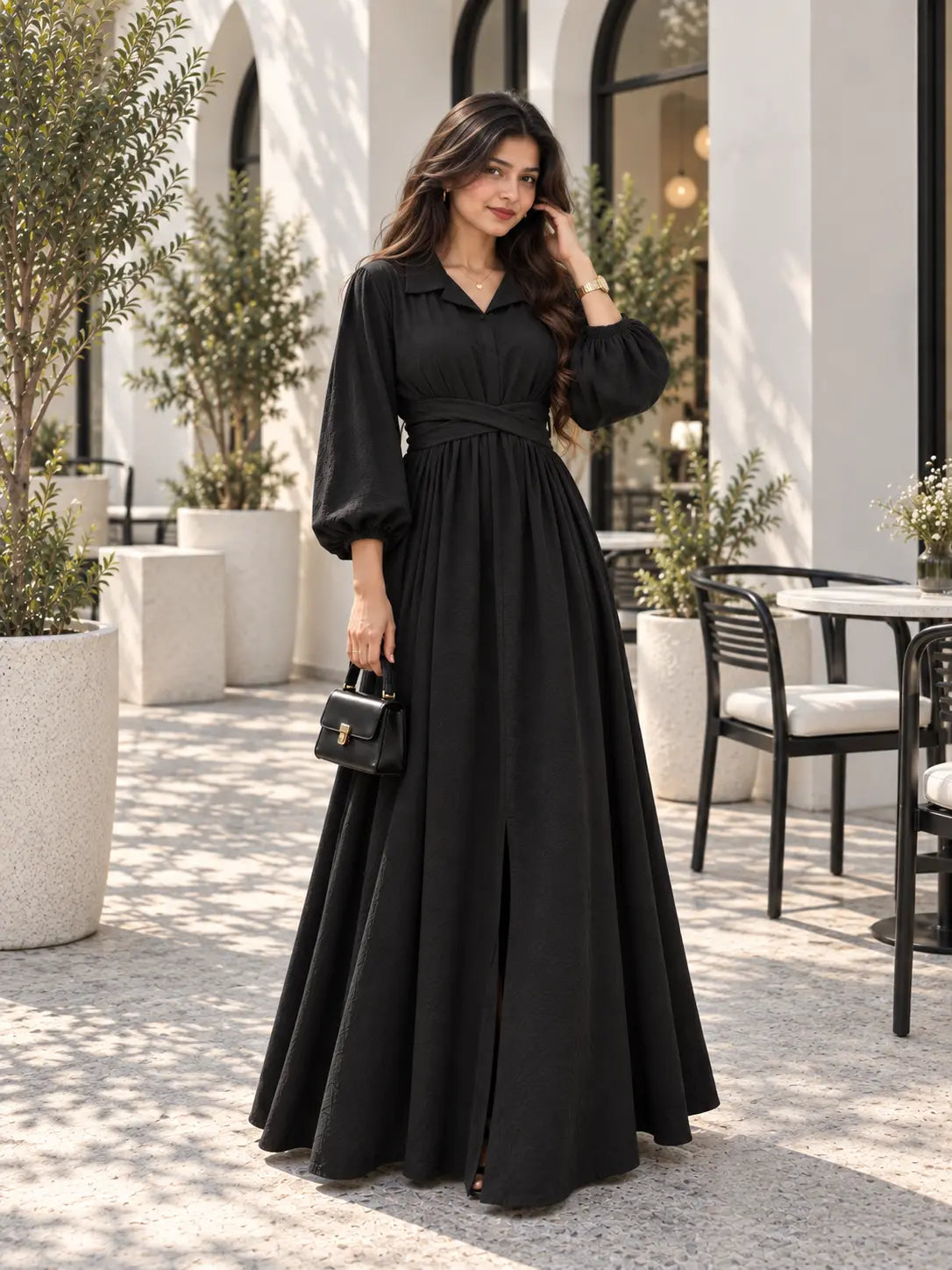 YEZWE Midnight Black CEY Pleated Cross-Waist Maxi Dress for Women with Long Sleeves and Elegant Design