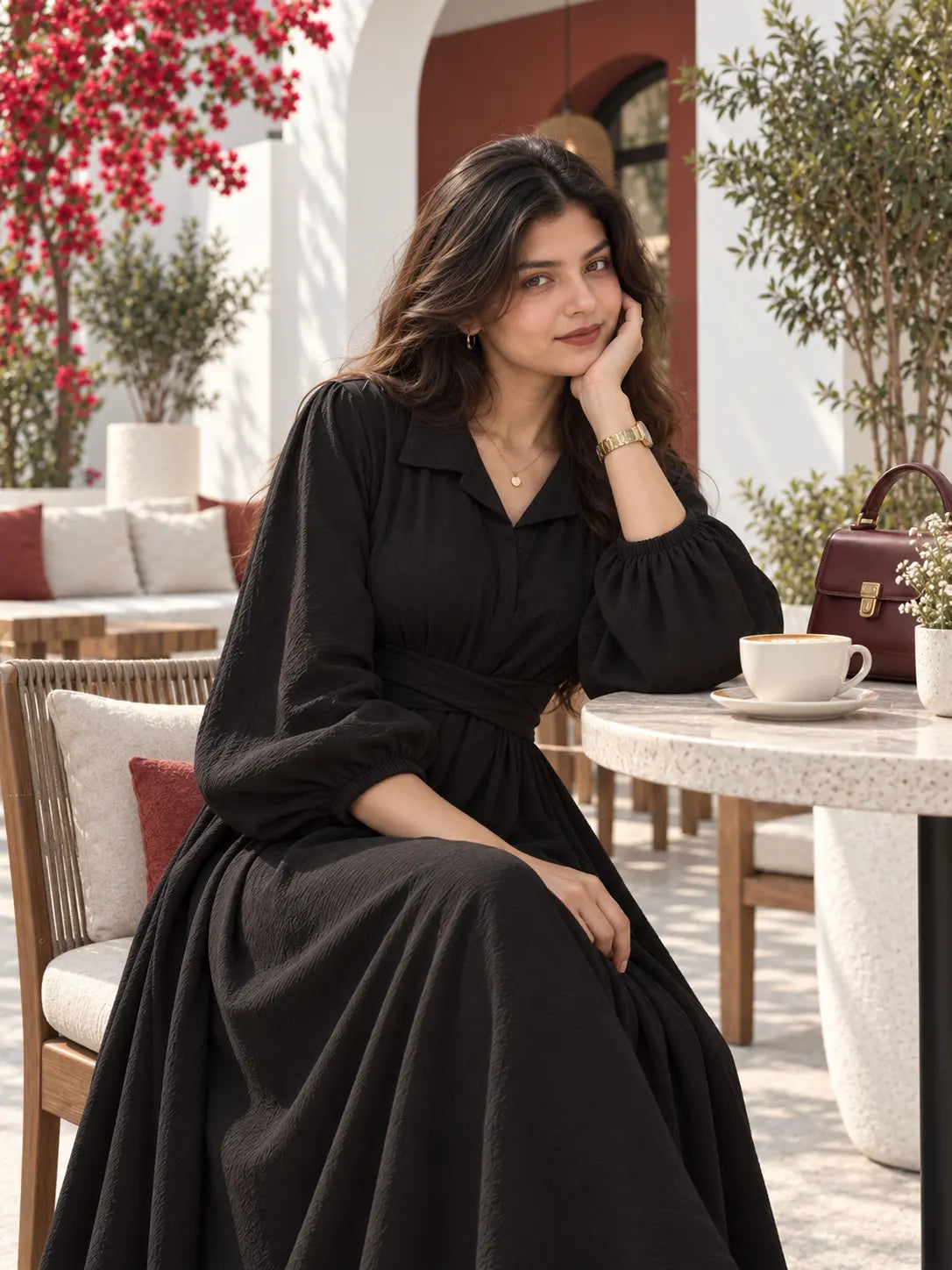 YEZWE Midnight Black CEY Pleated Cross-Waist Maxi Dress for Women styled in a cozy outdoor setting