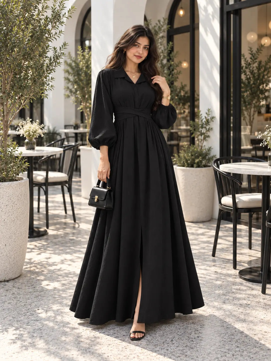 YEZWE Midnight Black CEY Pleated Cross-Waist Maxi Dress for Women with a stylish split and balloon sleeves