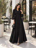 YEZWE Midnight Black CEY Pleated Cross-Waist Maxi Dress for Women with a stylish split and balloon sleeves