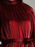 Close-up of Yezwe Miniature Maroon Party Wear junior girl maxi dress with pleated fabric and tied waist belt
