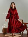 Junior girl wearing Yezwe Miniature Maroon Party Wear maxi dress with long sleeves and tie waist