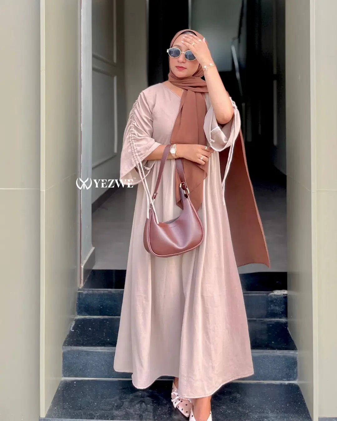 Modest Occasion wear beige flare dress by YEZWE, featuring elegant sleeves and a flowing silhouette