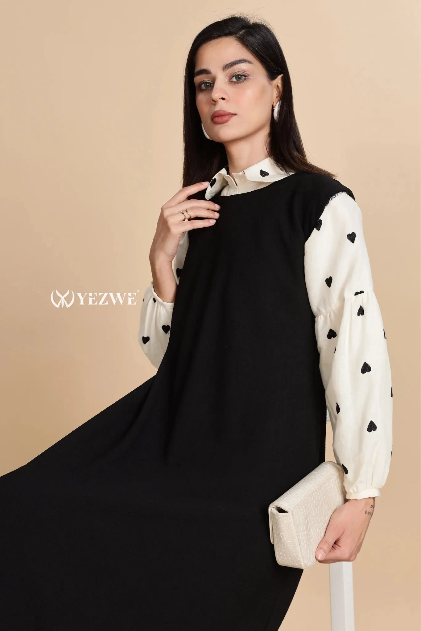 Yezwe Chic Black Knitted Pinafore Dress with Love Embroidery Modest Wear Yezwe Chic Black Knitted Pinafore Dress with Love Embroidery Modest Wear