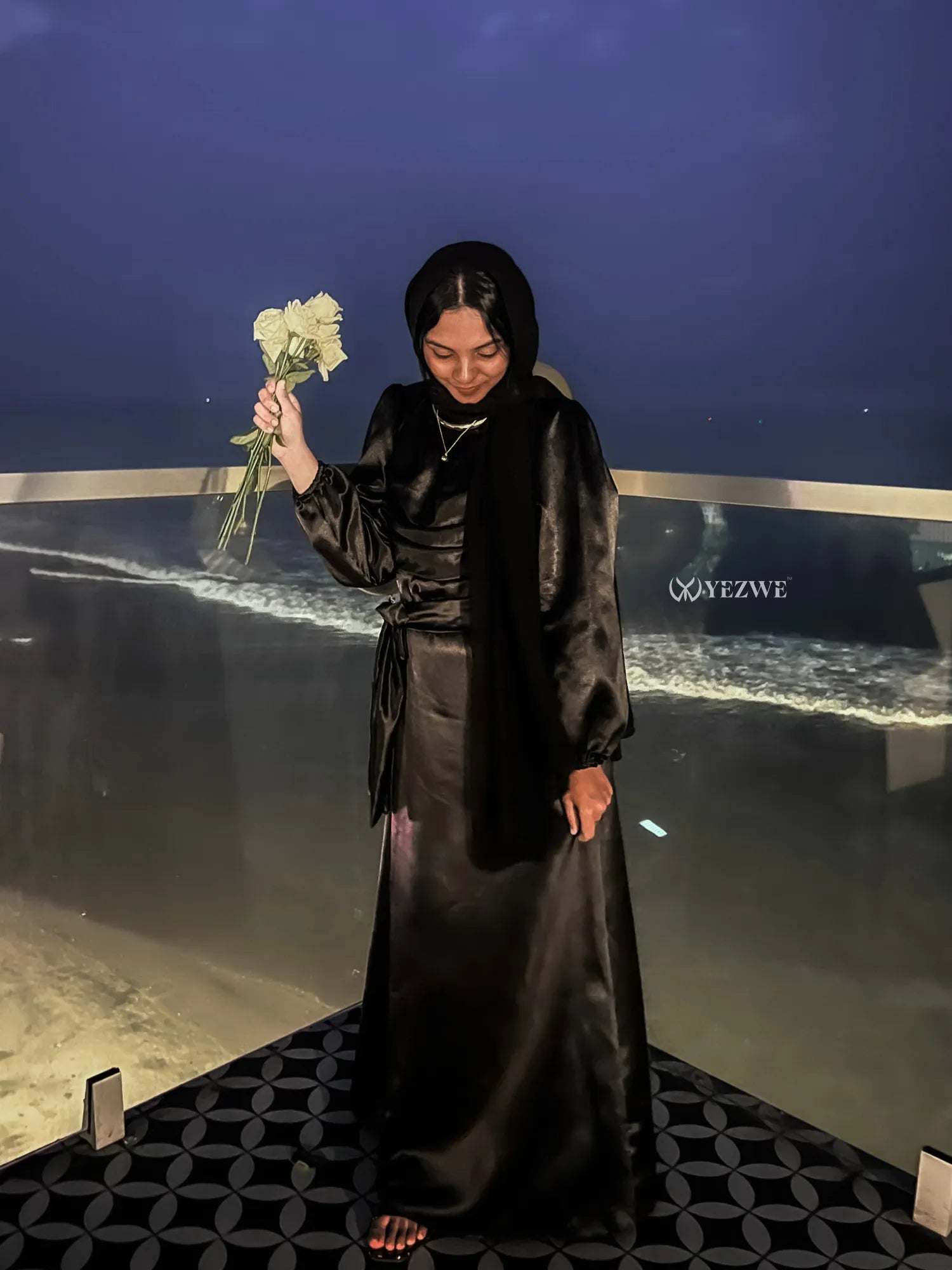 Elegant modest black satin maxi dress by Yezwe, perfect for evening wear and special occasions