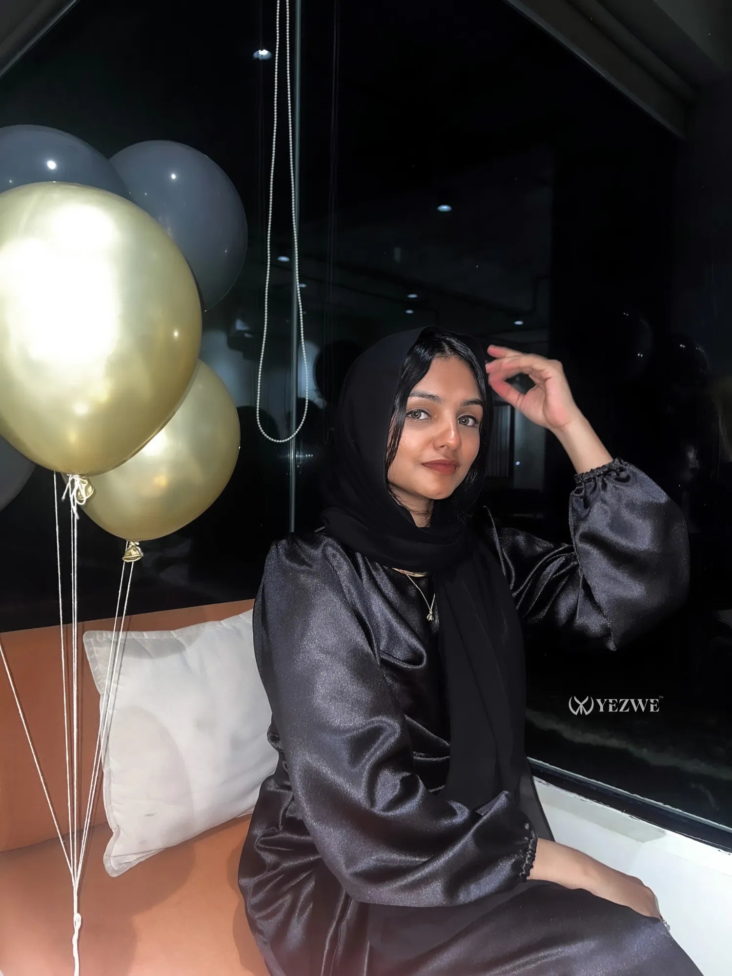 Elegant modest black satin maxi dress featuring full sleeves, perfect for formal occasions