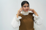 Modest brown dungaree outfit by Yezwe with a white blouse and stylish design for a chic look