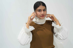 Modest brown dungaree outfit by Yezwe with a white blouse and stylish design for a chic look