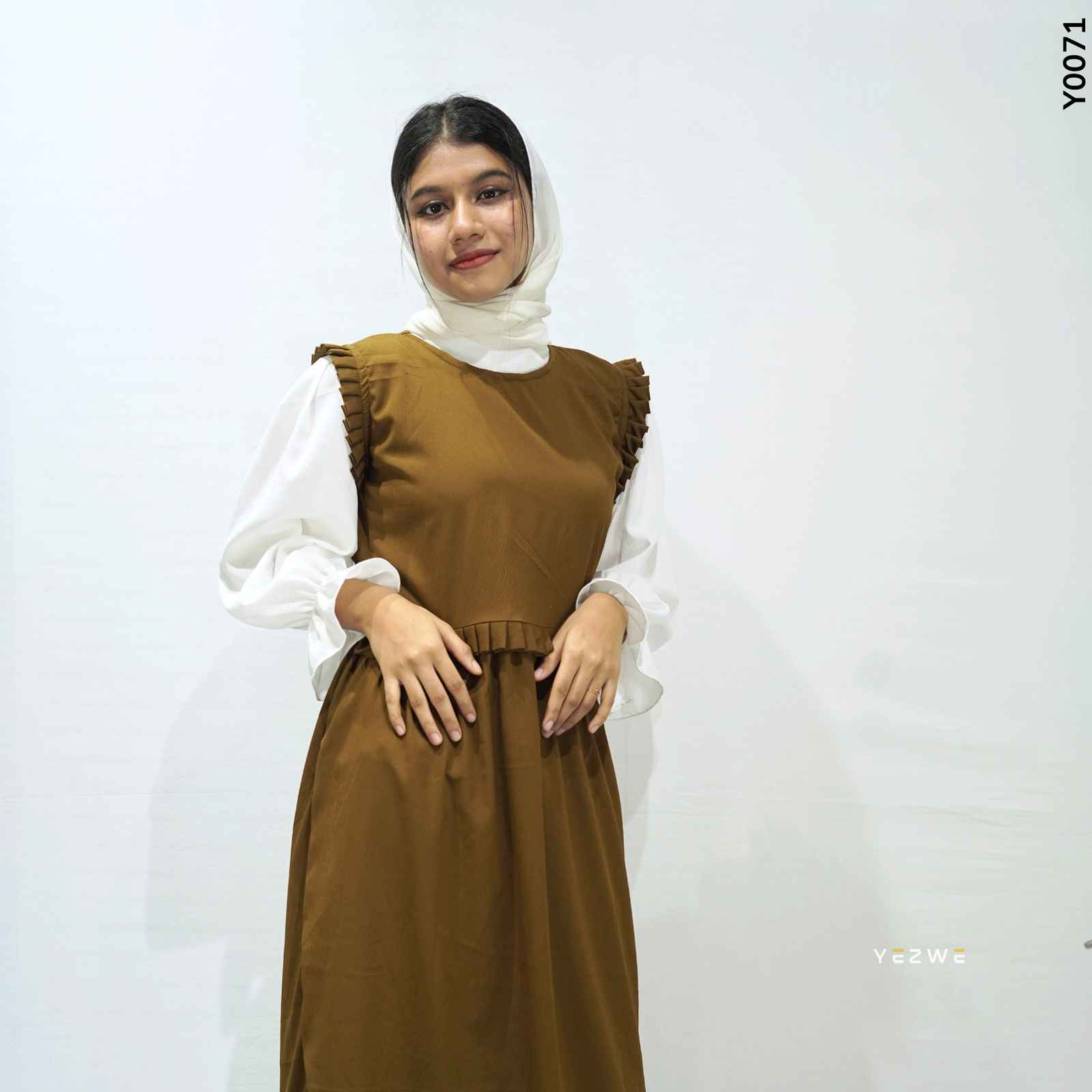Modest brown dungaree outfit by Yezwe featuring a ruffled design and elegant styling for versatile wear