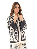 YEZWE Modest Co-Ord Set featuring black and white floral and striped patterns with long sleeves and button front