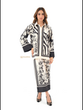 YEZWE Modest Co-Ord Set featuring black and white floral and striped patterns with long sleeves and skirt